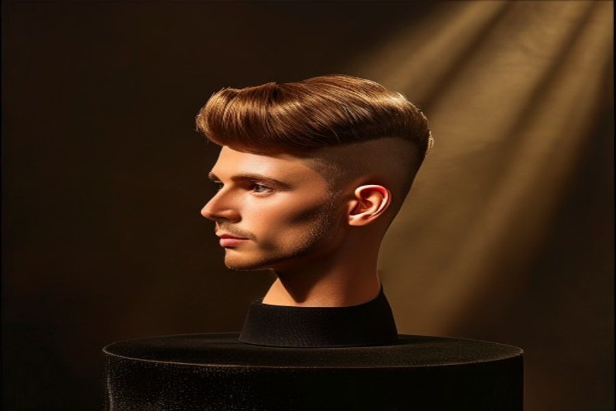 The Bublé Toupée on a velvet pedestal under golden spotlight