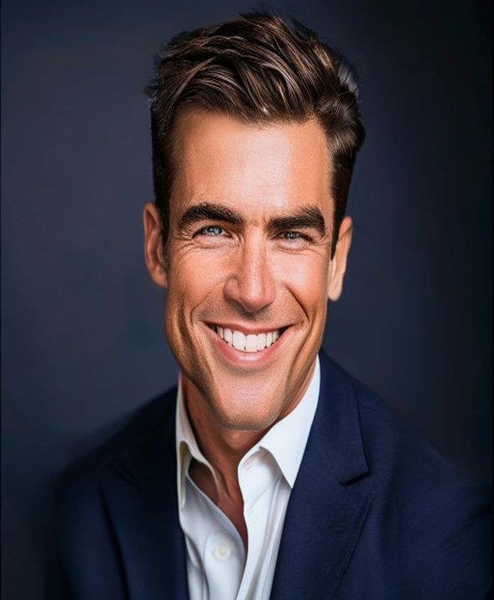 Chad, a grinning man in a navy suit with a perfect crooner quiff